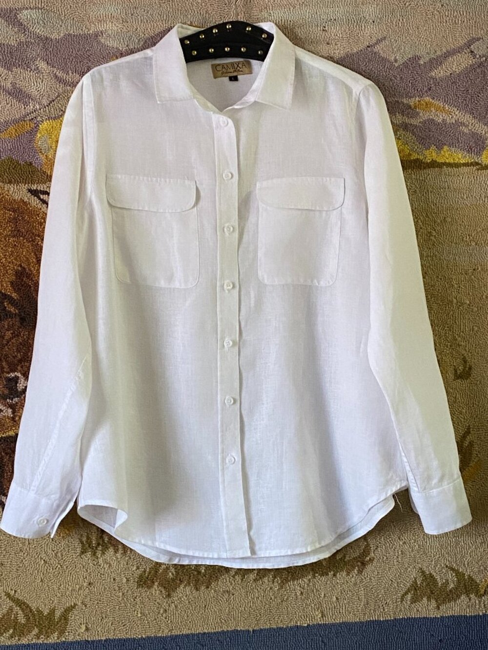 Camixa by Celina di Pisa Sz L White Linen Blouse Button Up Shirt Long Sleeve